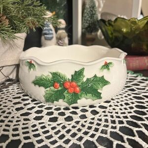 Otagiri White Bowl with Green and Red Holly Design